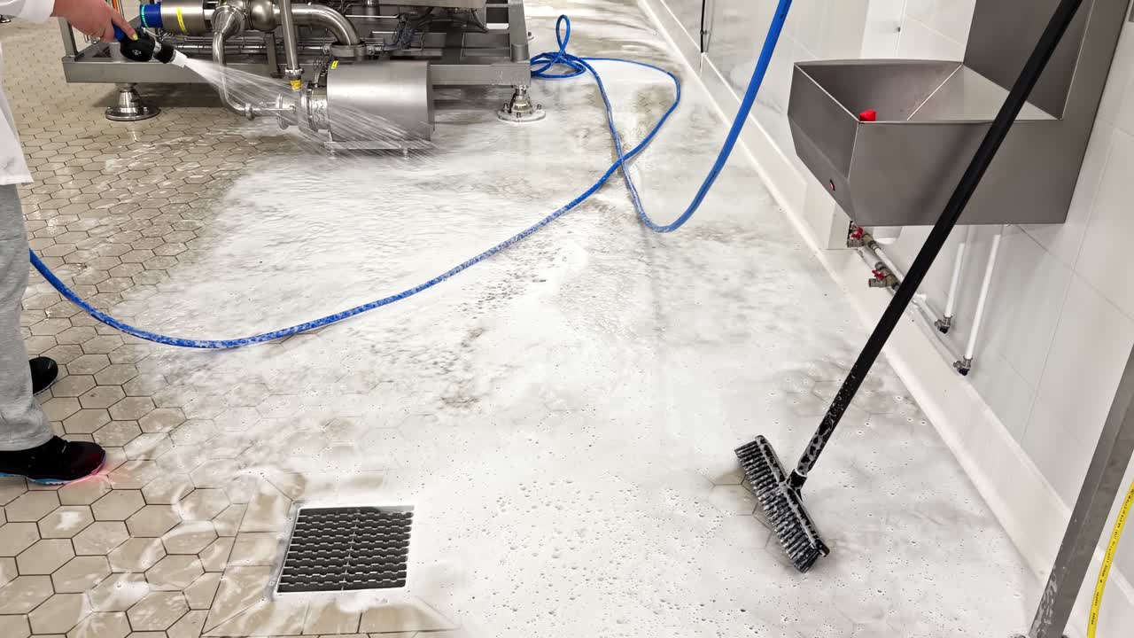 A Worker Rinses a Soapy Industrial Floor Using a Hose and Cleaning Tools - Handheld Shot