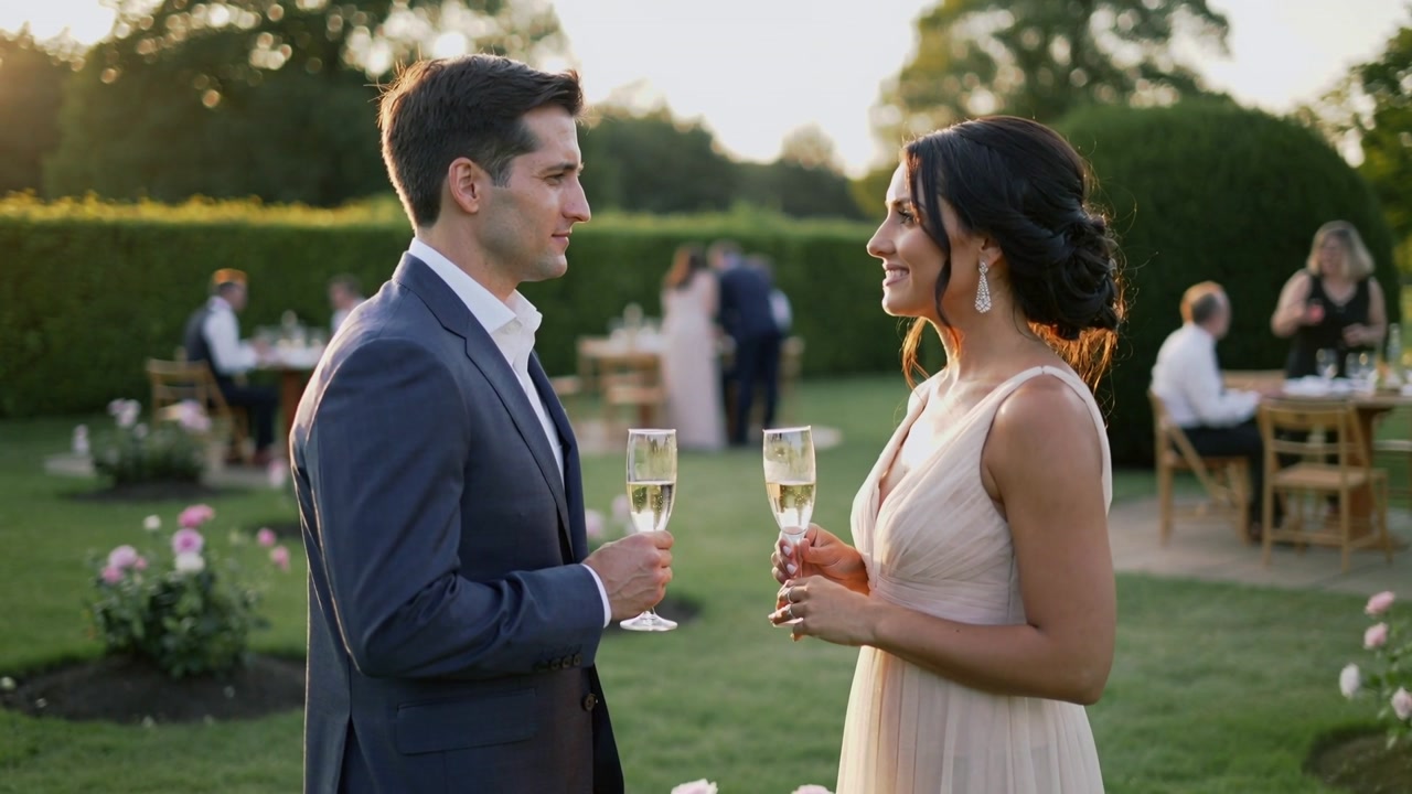 Smiling couple in suit and dress starting conversation on garden lawn, holding champagne flutes