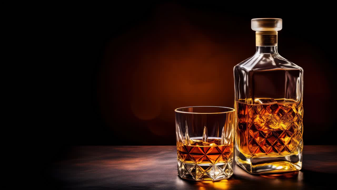 Elegante bottiglia di whisky e bicchiere su un tavolo di legno, ripresi da angolazione bassa