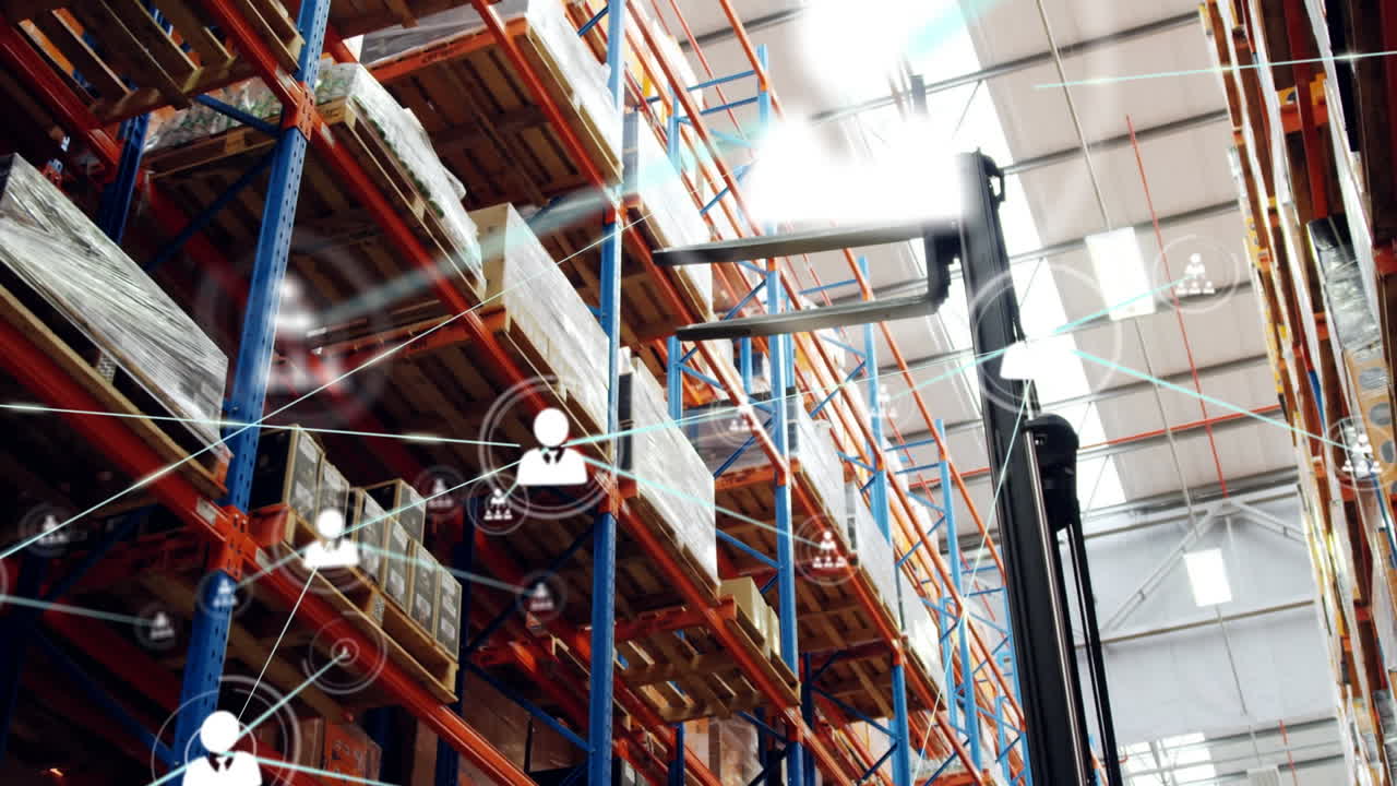 animación de la red de conexiones con iconos sobre el almacén