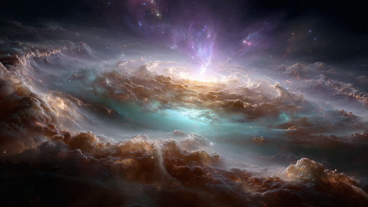 A mesmerizing cosmic scene reveals a luminous spiral of clouds, swirling in vibrant colors, highlighting the breathtaking beauty and vastness of outer space