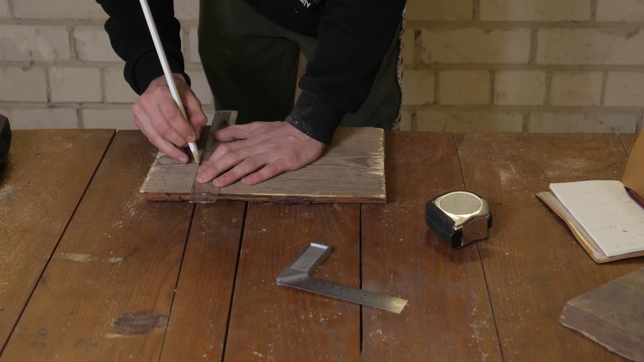 Man draw line on wood for cut, static close up