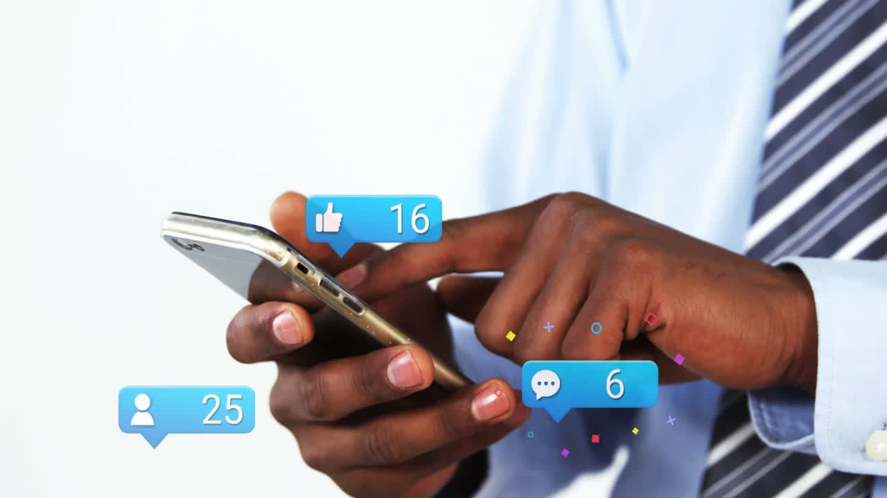 Animation of social media icons falling over person using smartphone