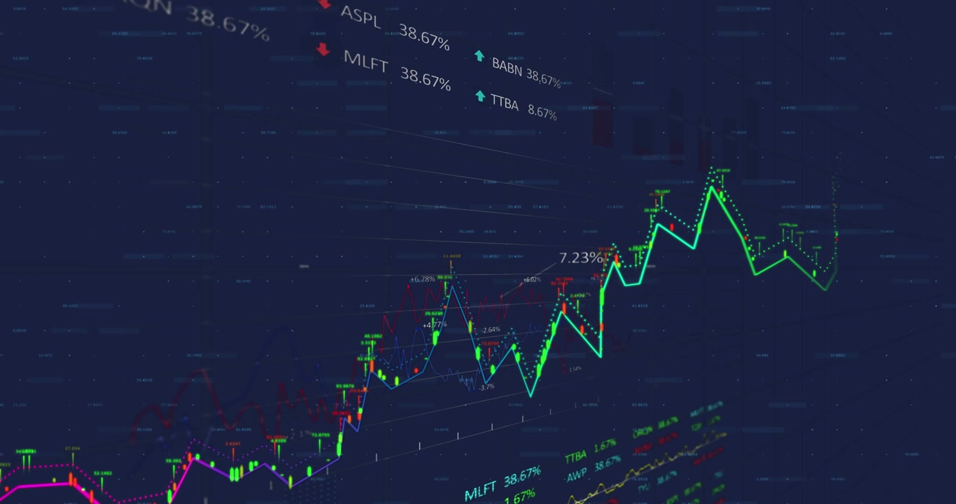 Animazione dell'elaborazione di dati finanziari su sfondo blu