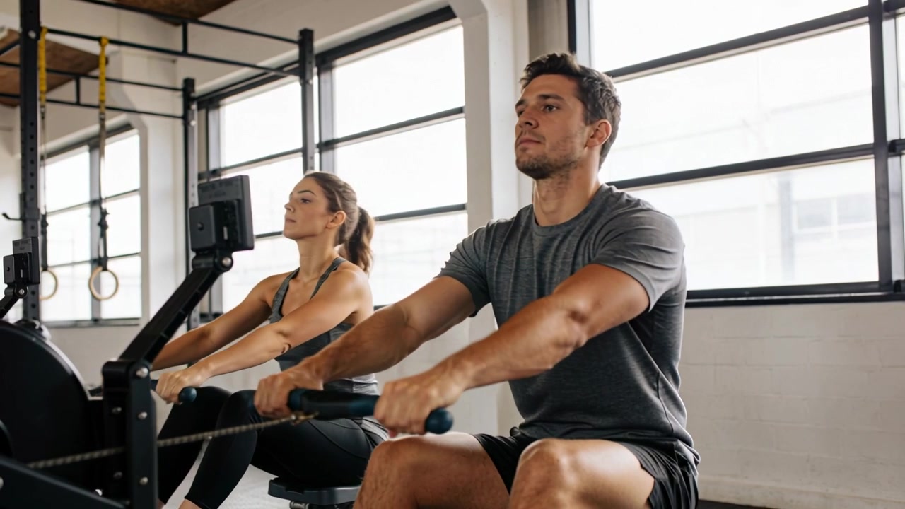Smiling man initiating pull, partners pulling, holding, sliding on rowers in gym, training in gear