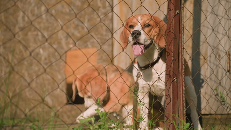 Close-up of two dogs behind wire fence on sunny day, one looking thoughtful while the other rubs its ear with its paw, both dogs appear relaxed, enjoying the warmth of the day near their shelter
