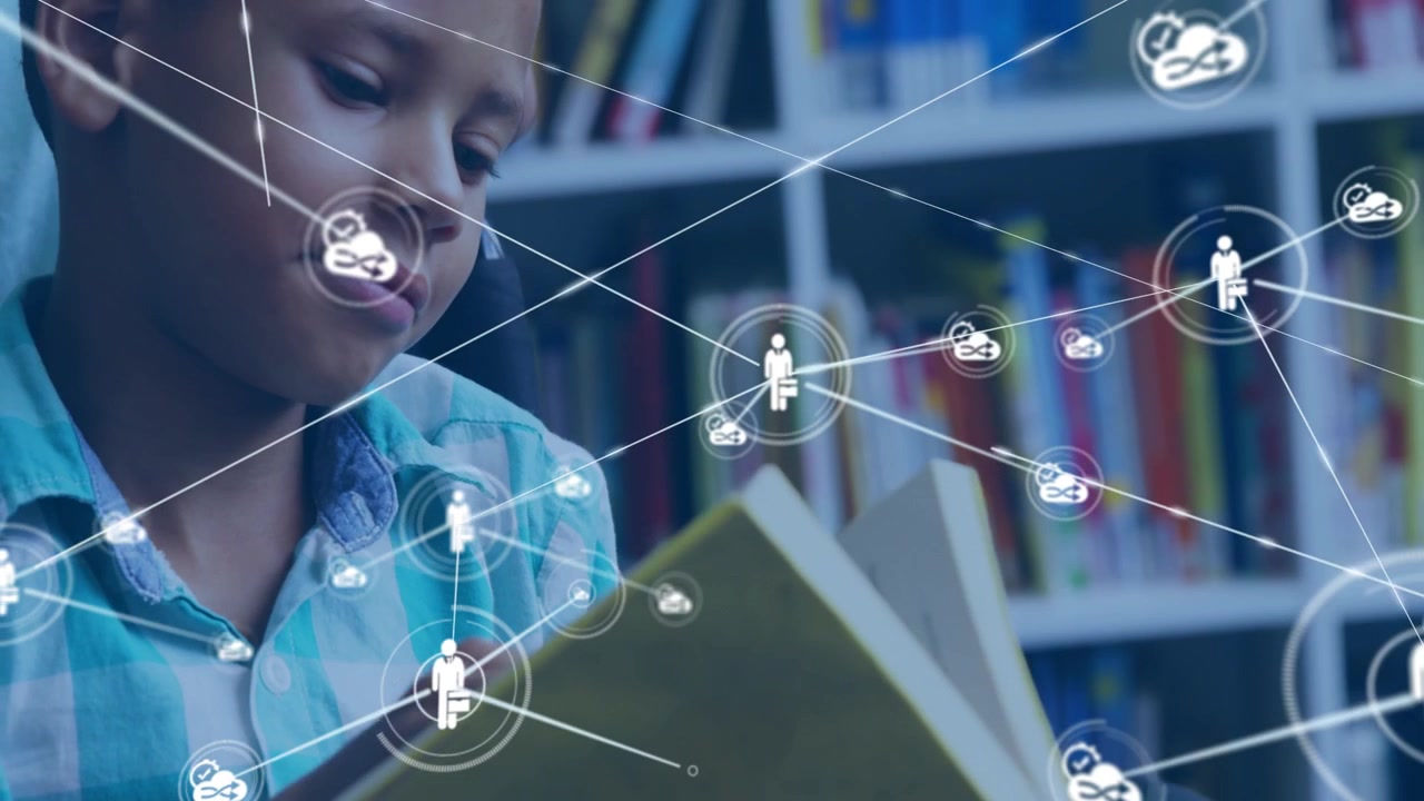 Male student reading yellow book, HUD expanding person cloud nodes overlaying face for education