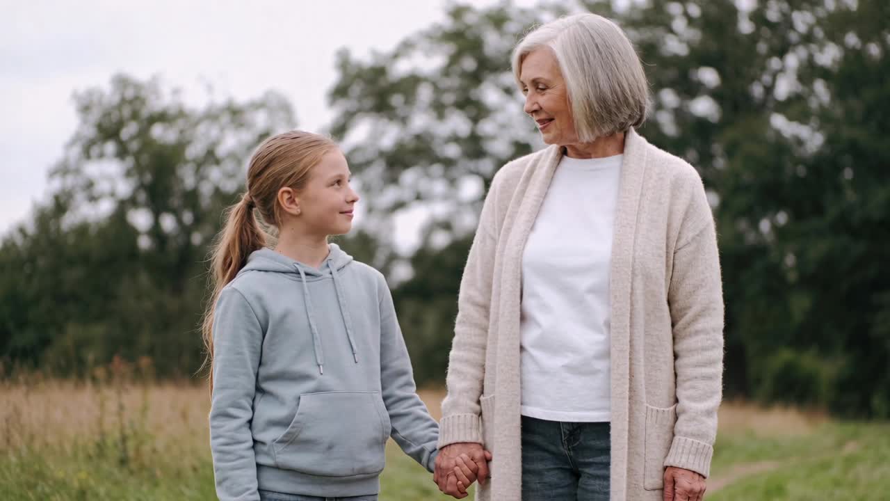 Comforting grandma turning head to grandchild and holding hands on park path in cardigan and hoodie