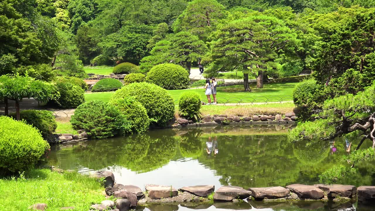 alejar la vista del lago con los pueblos y el reflejo de los árboles en el jardín nacional shinjuku gyoen