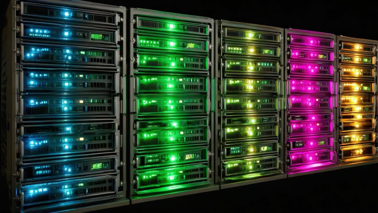A Stunning Display of Colorful Server Racks Illuminating with LED Lights, Showcasing Advanced Technology in a Modern Data Center Environment