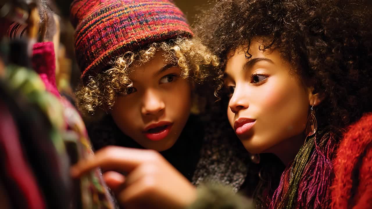 A Captivating Moment of Discovery: Two Friends in a Cozy Shop Explore Colorful Fabrics and Textiles, Sharing Excitement Over Unique Patterns and Textures in a Warm Atmosphere