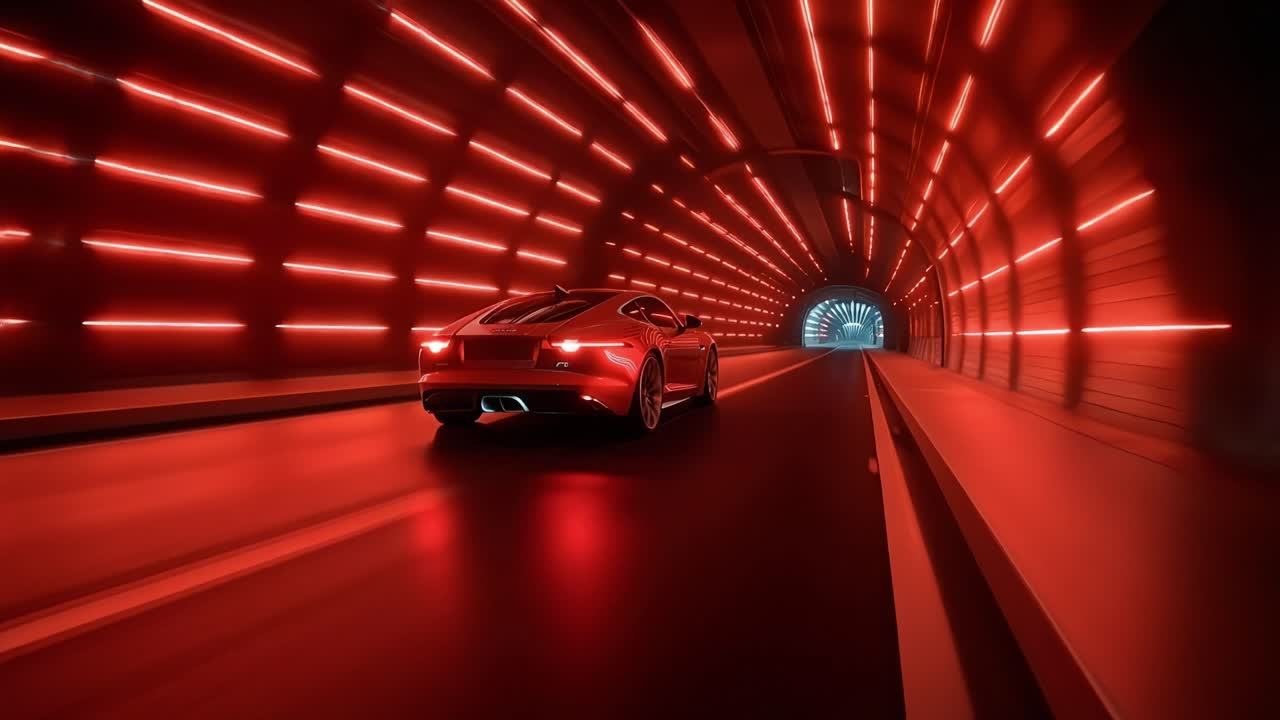 Um carro esportivo vermelho deslumbrante acelera por um túnel futurista iluminado por luzes vibrantes vermelhas e azuis, exibindo design elegante e movimento de alta velocidade.