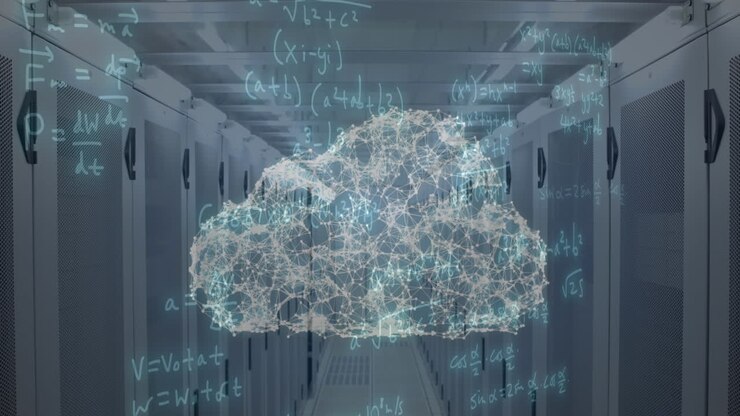 Animation of cloud and mathematical data processing over computer servers