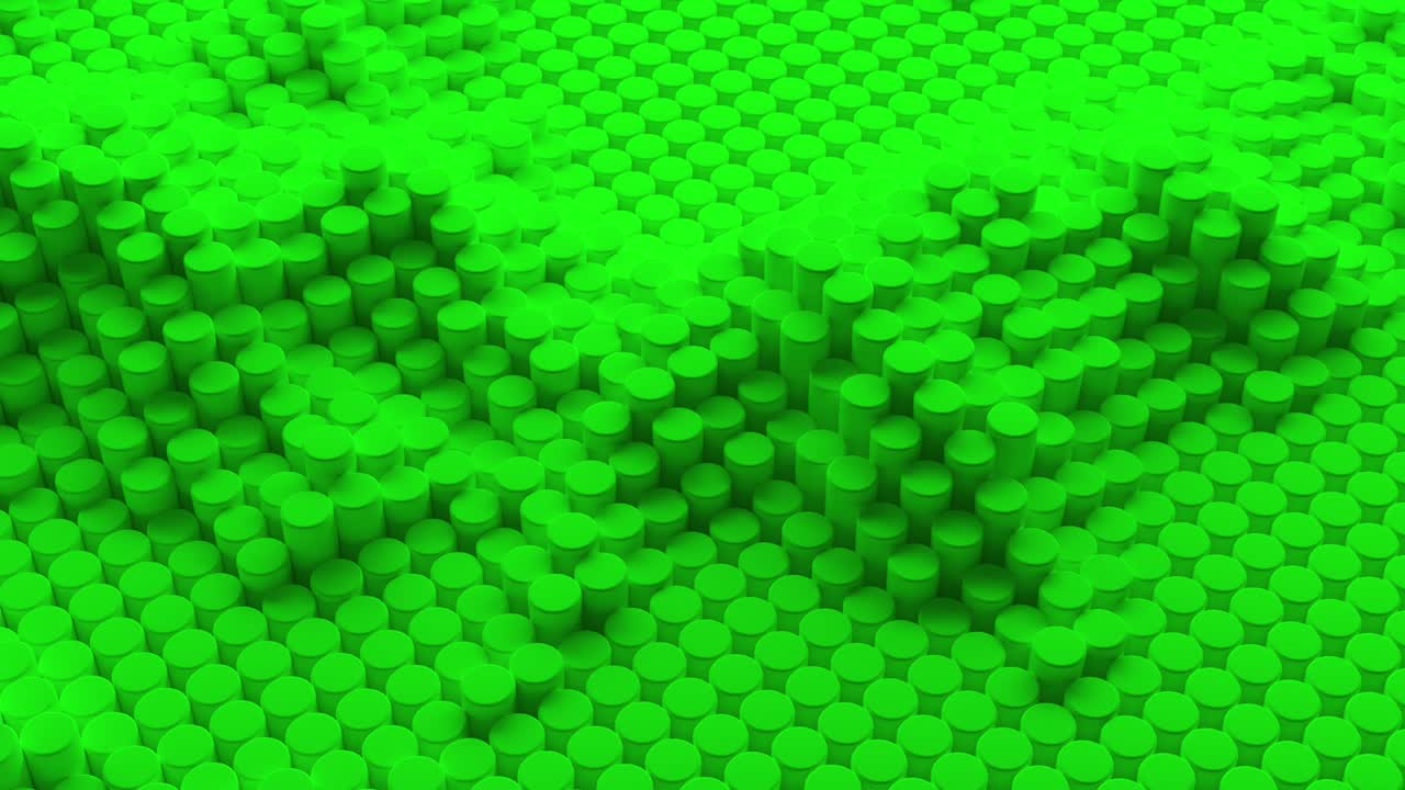 Abstract green dark background with cylinders. Ceramic round tiles. Geometry pattern. Random cells. Polygonal glossy surface. Futuristic abstraction. Seamless loop 3d animation of 4K