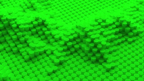 fondo oscuro verde abstracto con cilindros. azulejos redondos de cerámica. patrón de geometría. células aleatorias. superficie poligonal brillante. abstracción futurista. animación 3d de bucle sin costuras de 4k