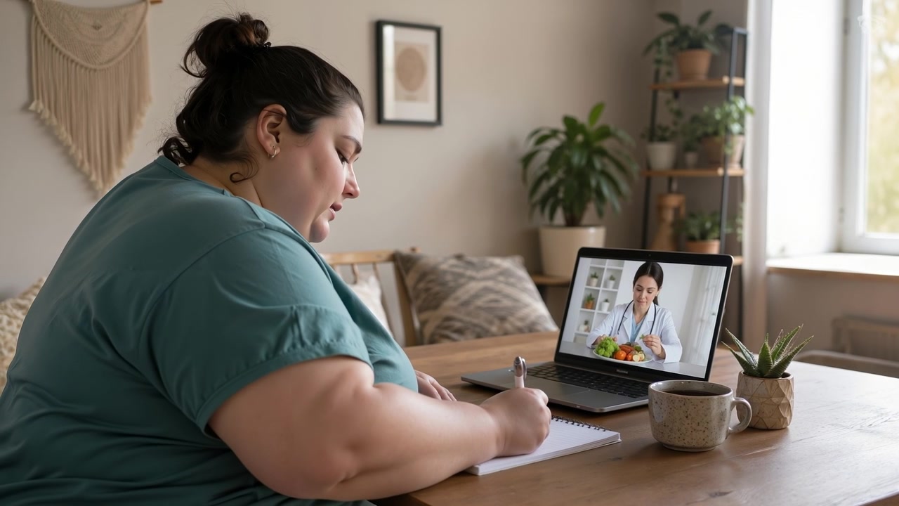 Overweight woman taking notes during a virtual health consultation with a nutritionist on a laptop