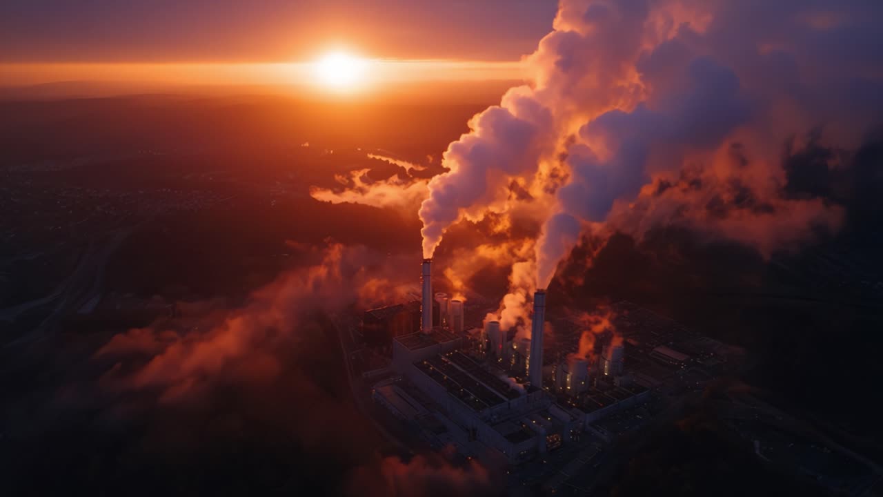 Luftfoto af et industrianlæg, der udleder røg ved solnedgang med en orange skyline og dramatiske atmosfæriske effekter, som fremhæver miljøpåvirkningen
