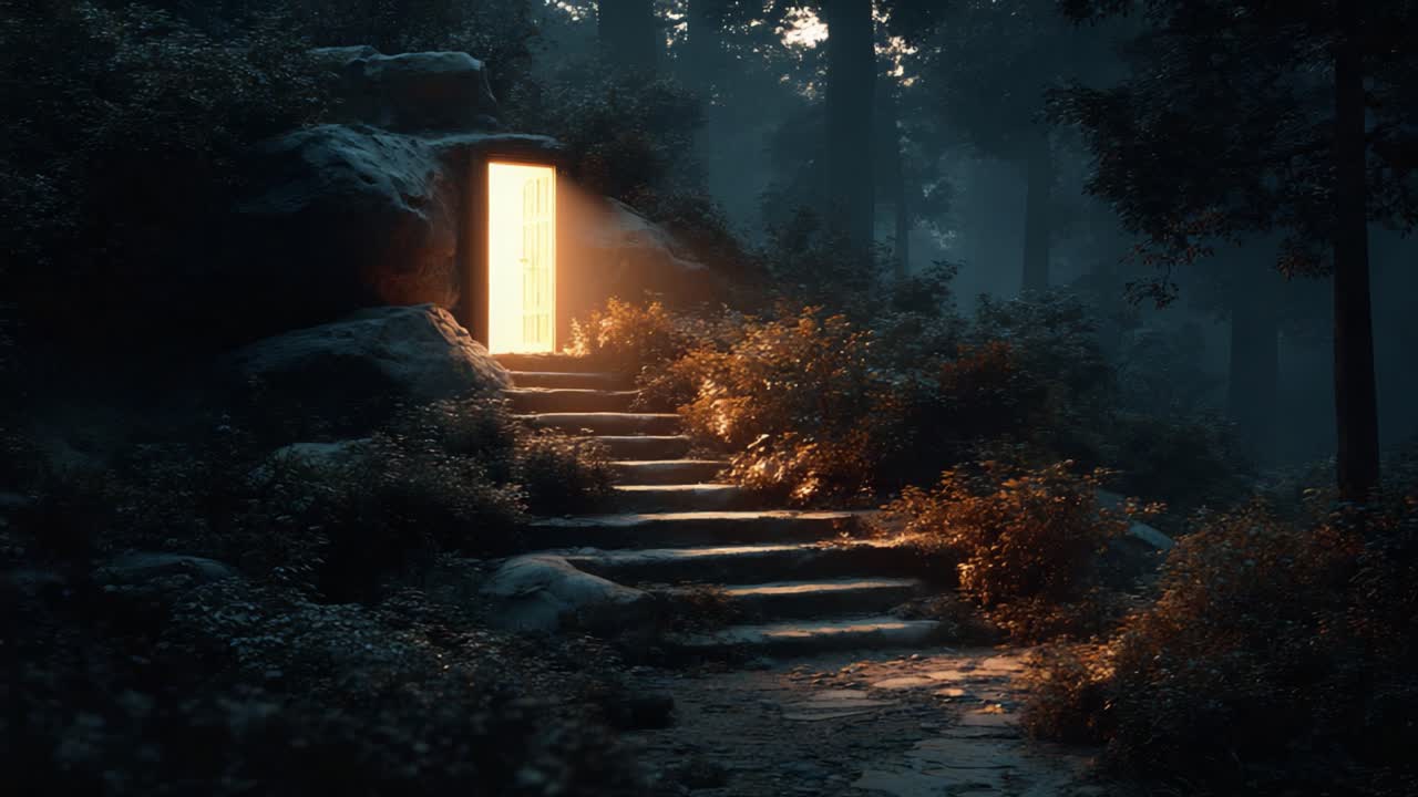 A Mysterious Doorway Illuminates a Serene Forest Path, Inviting Exploration and Discovery amidst the Enigmatic Beauty of Nature's Silent Embrace