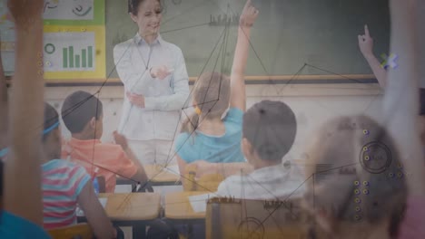 animation of digital screen over class of diverse teacher and pupils at school