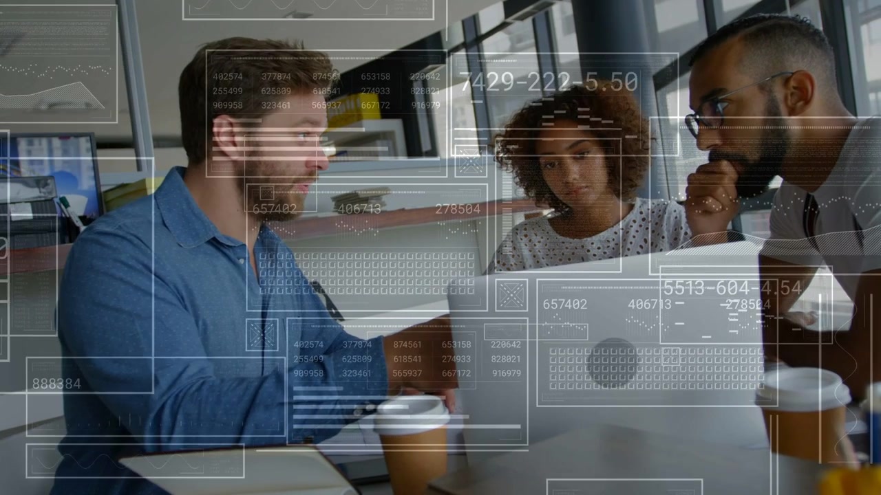 Left man pointing at laptop, team leaning in, analyzing, animated data overlays showing KPIs