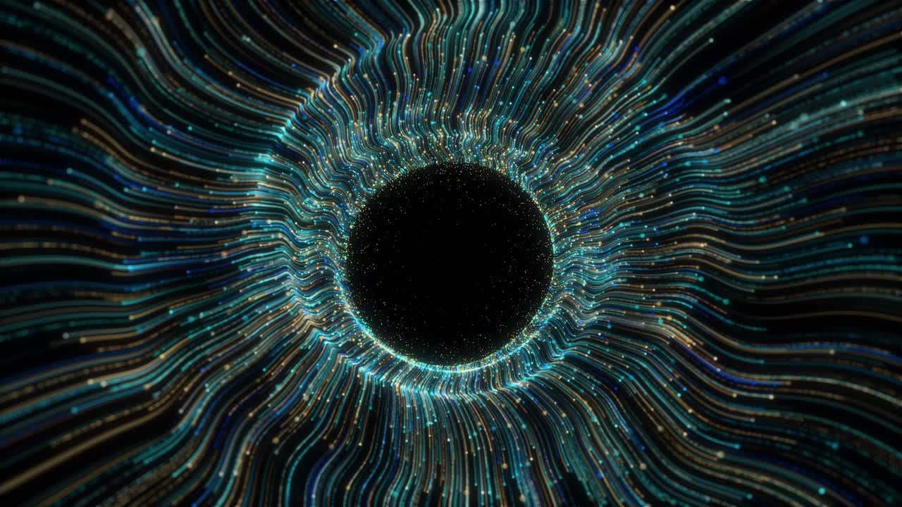 Abstract motion multiple colored light flares moving out waving energy lines forming circular vortex