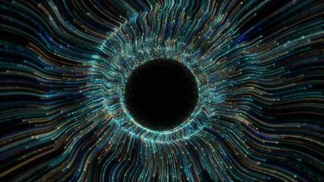 abstract motion multiple colored light flares moving out waving energy lines forming circular vortex