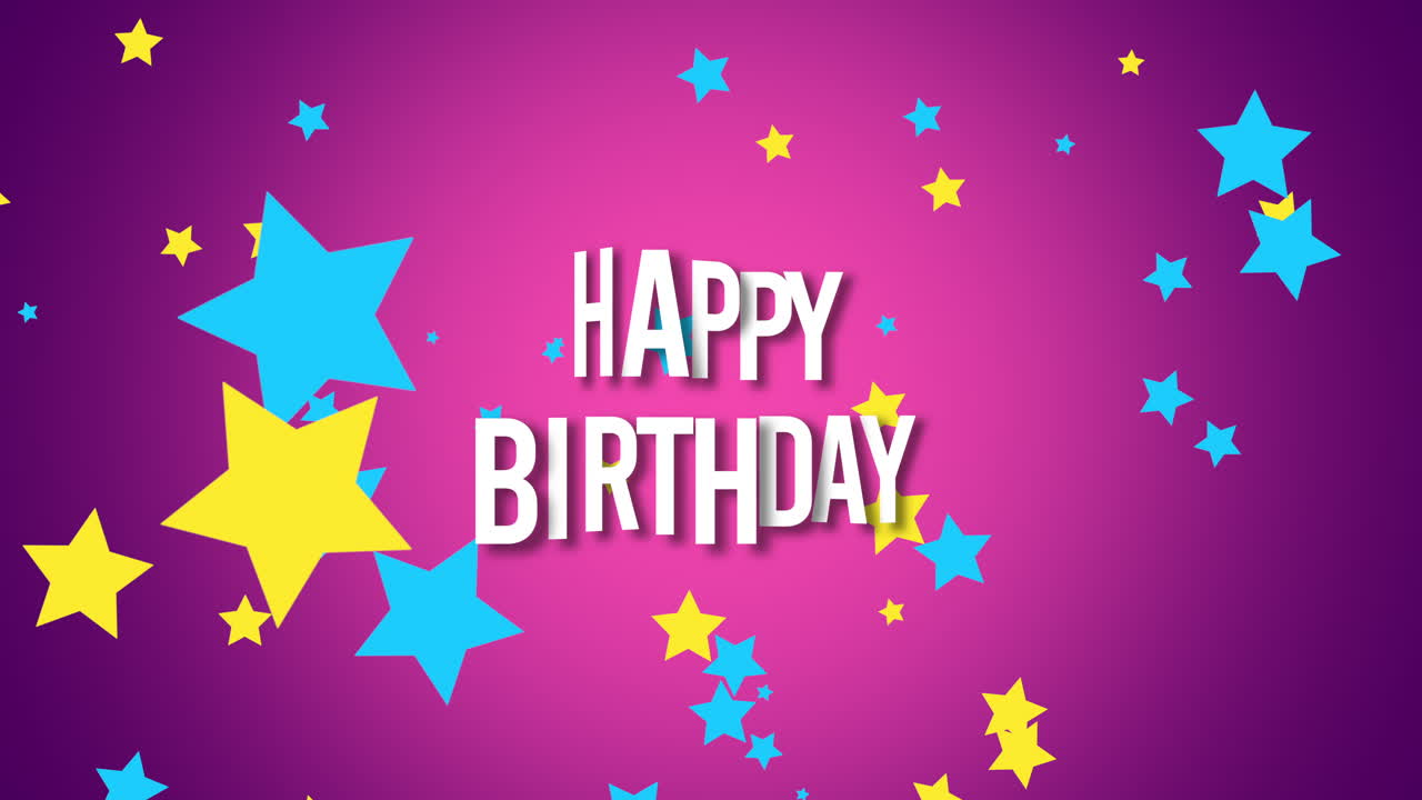 primer plano animado texto de feliz cumpleaños con confeti de estrellas en el fondo de vacaciones