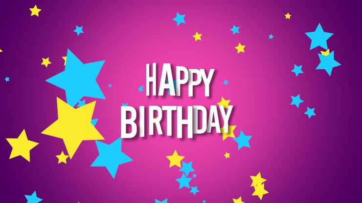 testo di buon compleanno del primo piano animato con i coriandoli delle stelle sul fondo di festa