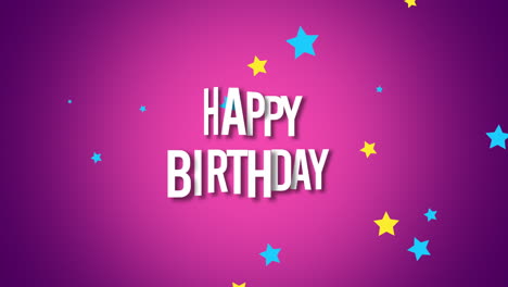 primer plano animado texto de feliz cumpleaños con confeti de estrellas en el fondo de vacaciones