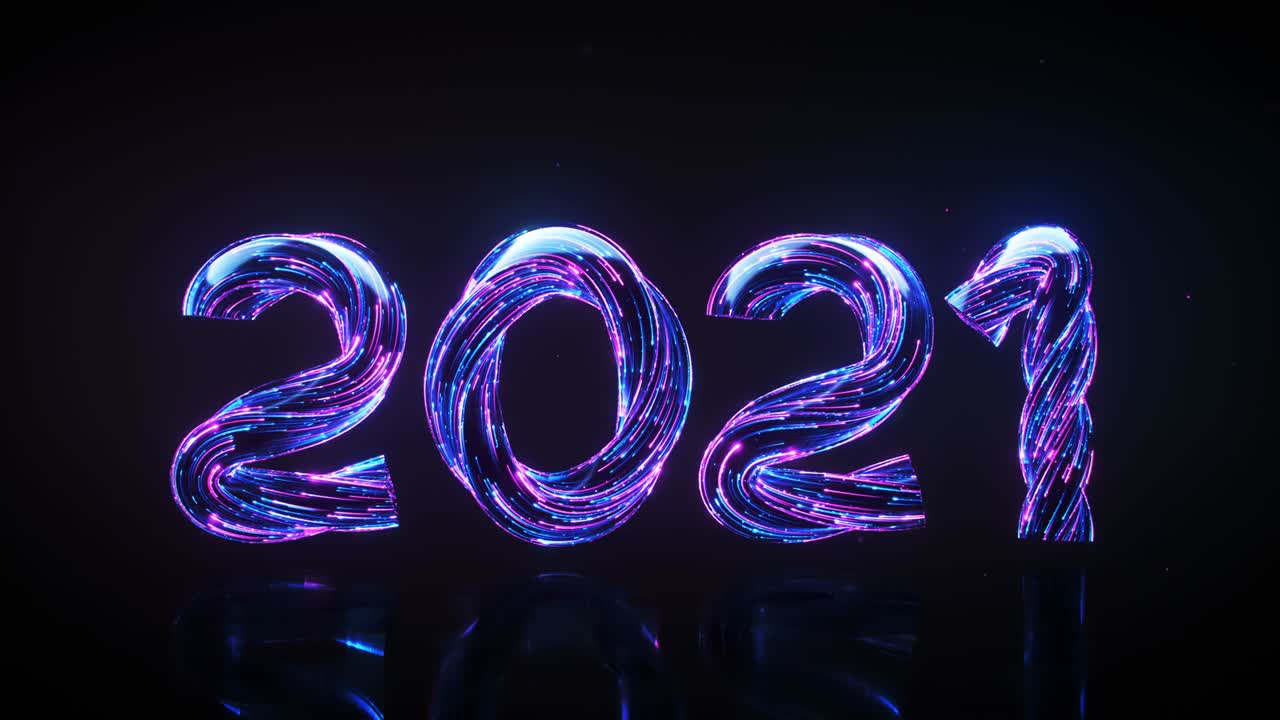 Text 2021 of glowing blue and pink light trails 3D render seamless loop animation