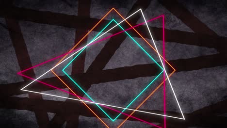 multiple neon triangle shapes against dark lines on grey background