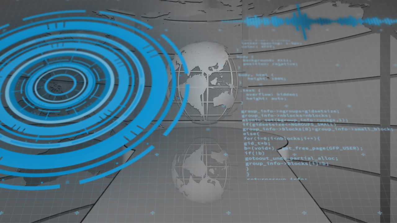 세계 지도 및 코딩 인터페이스에 대한 글로벌 데이터 처리 애니메이션