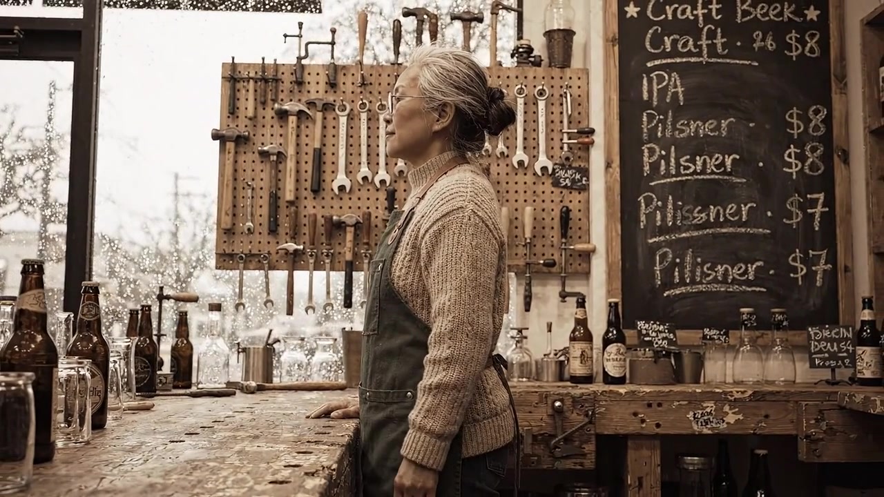 Una Scena da Bar Accogliente con un Barista Cordiale Circondato da Attrezzi e un Menu di Birre Artigianali in un Ambiente Rustico, Sottolineando il Calore del Ritrovo Comunitario