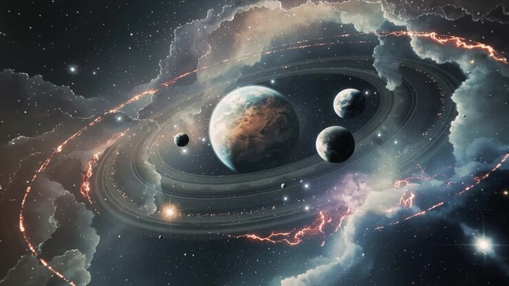 Rotating ringed planet with moons drifting while flare rising in nebula pocket highlighting faces