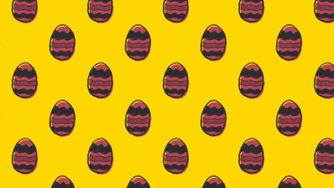 Animation of patterned Easter eggs moving in rows on yellow background