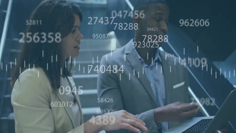animation of financial data processing over diverse business people in office