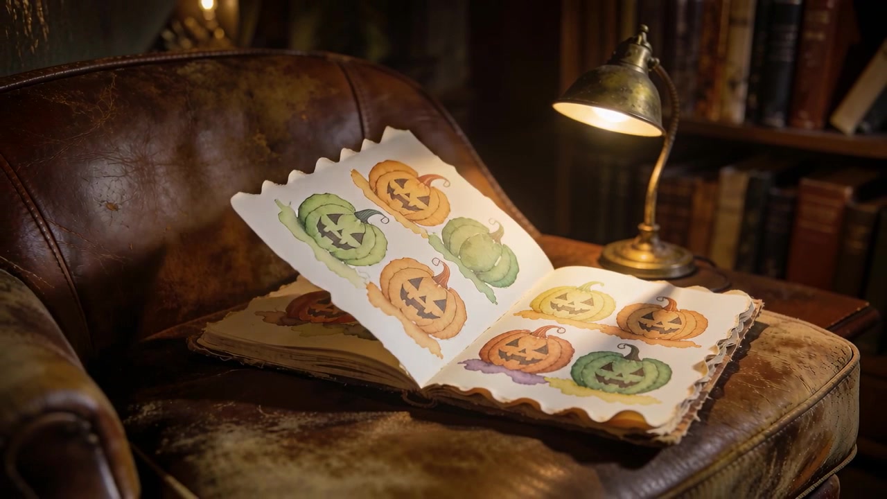 Turning antique book pages on worn leather chair at study, brass lamp glowing on pumpkin art