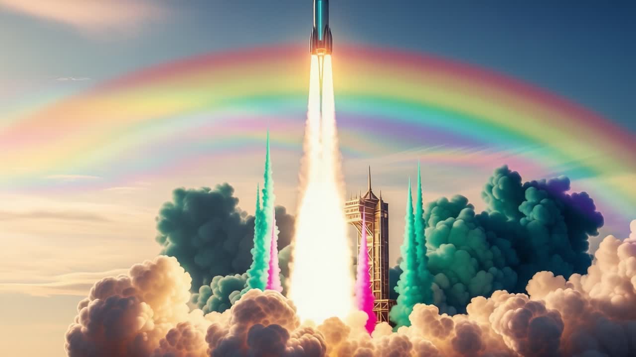 A Dazzling Launch: A Colorful Rocket Soars Amidst Clouds and a Rainbow, Capturing the Moment of Liftoff in a Spectacular Display of Power and Beauty