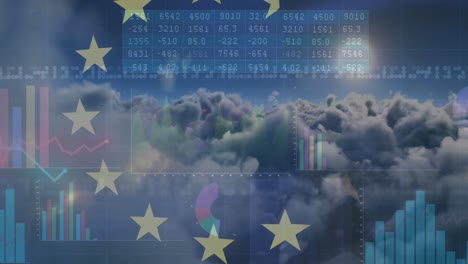 Animation-of-data-processing-over-clouds-and-flag-of-eu