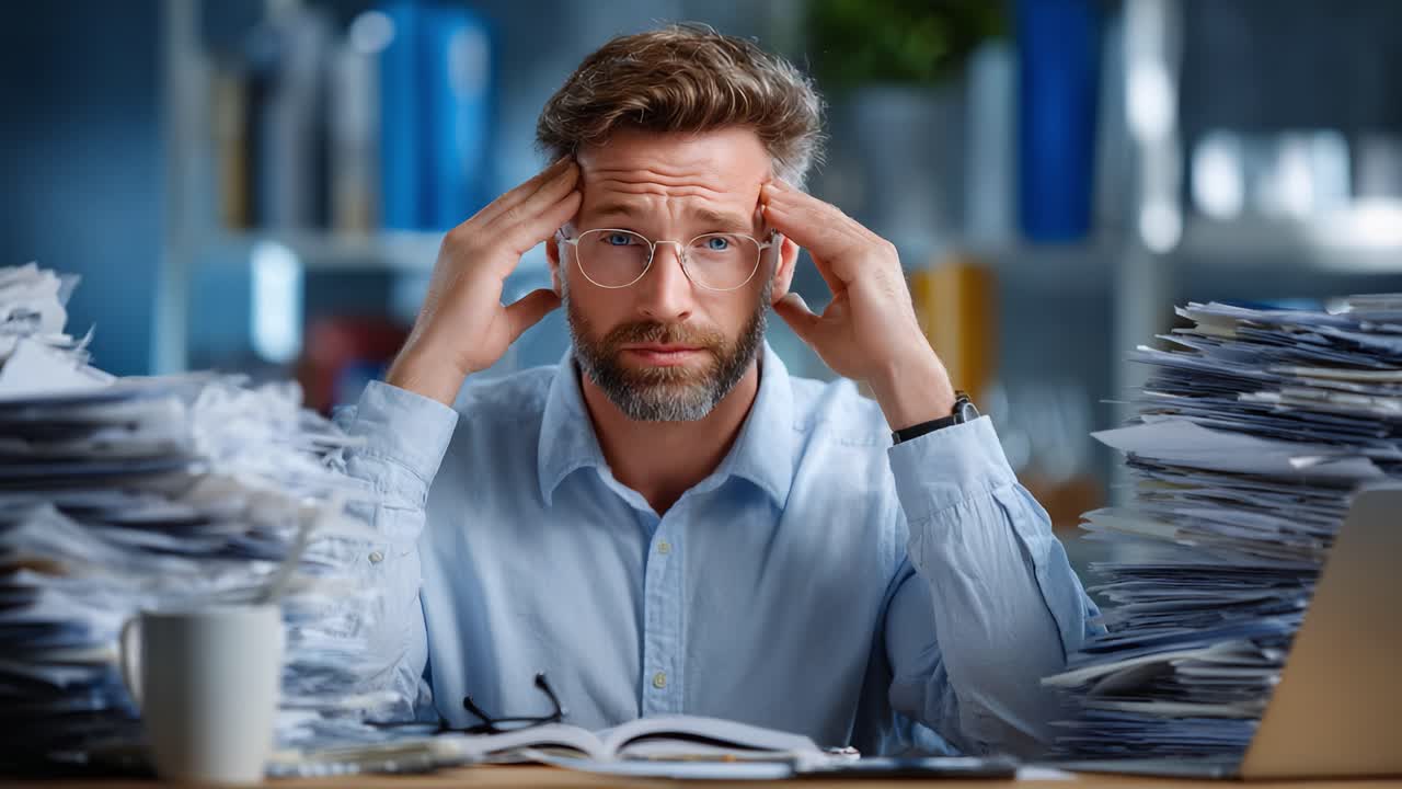 A Frustrated Professional Surrounded by Paperwork: The Stress of Overwhelming Responsibilities and Deadlines Captured in a Moment of Despair