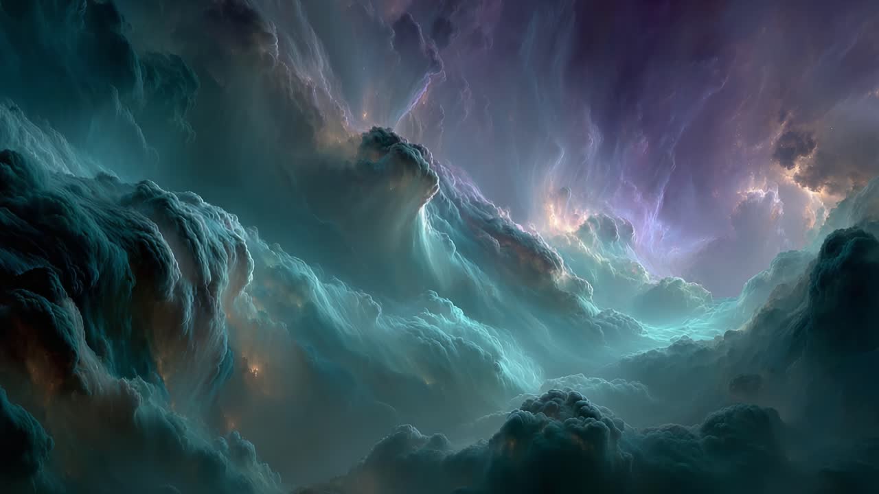 Dramatic Celestial Scene: A Stunning Journey Through Clouds and Atmospheric Phenomena Captured in Ethereal Colors and Dynamic Lighting, Displaying Nature's Beauty and Power