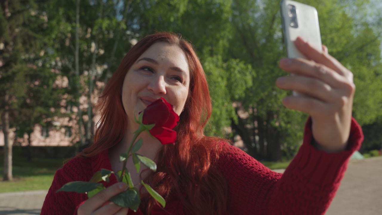 Крупный план женщины, делающей селфи на улице, держащей красные розы в парке с зелеными деревьями и зданиями. Женщина одета в яркий свитер, запечатлевая моменты на смартфон.