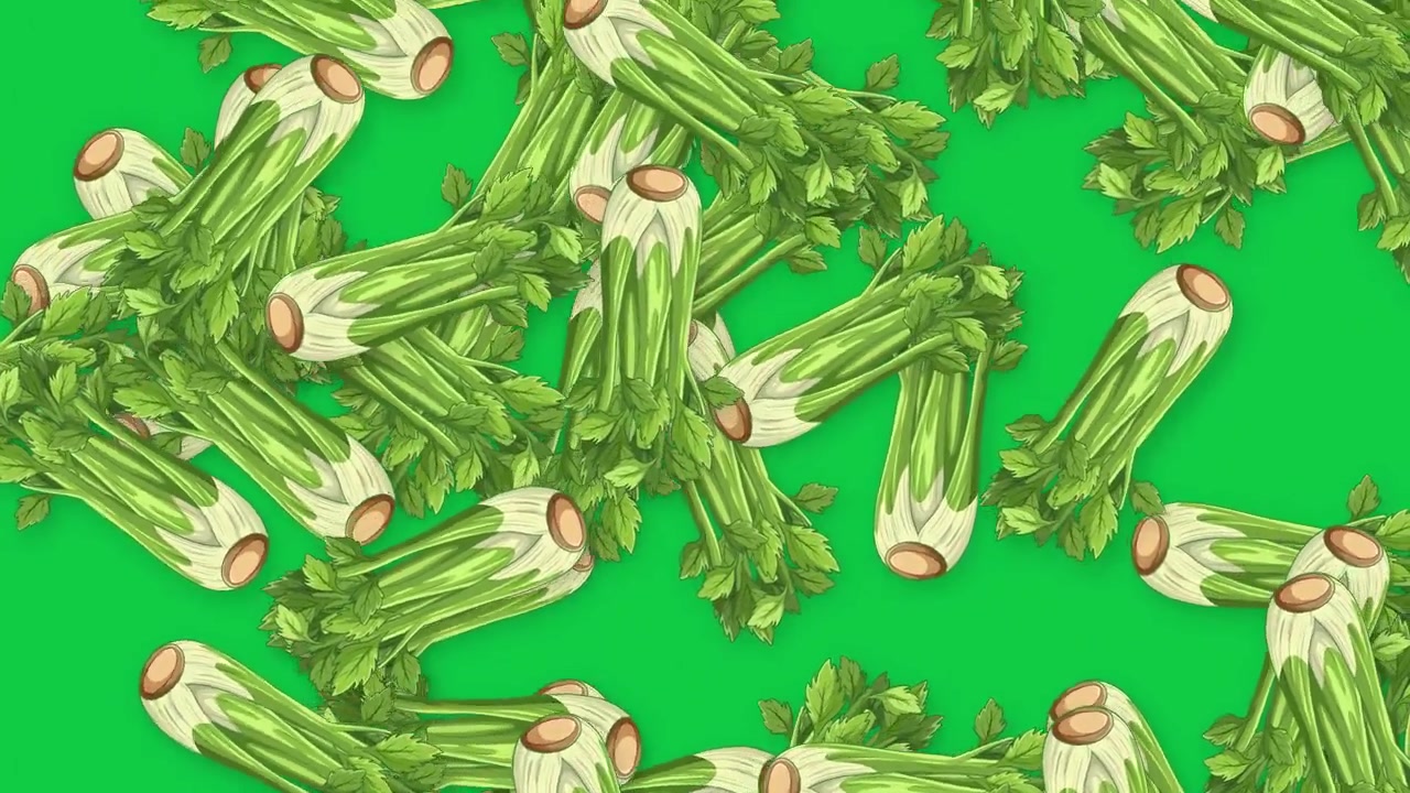 Bunches of fresh green celery stalks fall and tumble across a vibrant green background.
