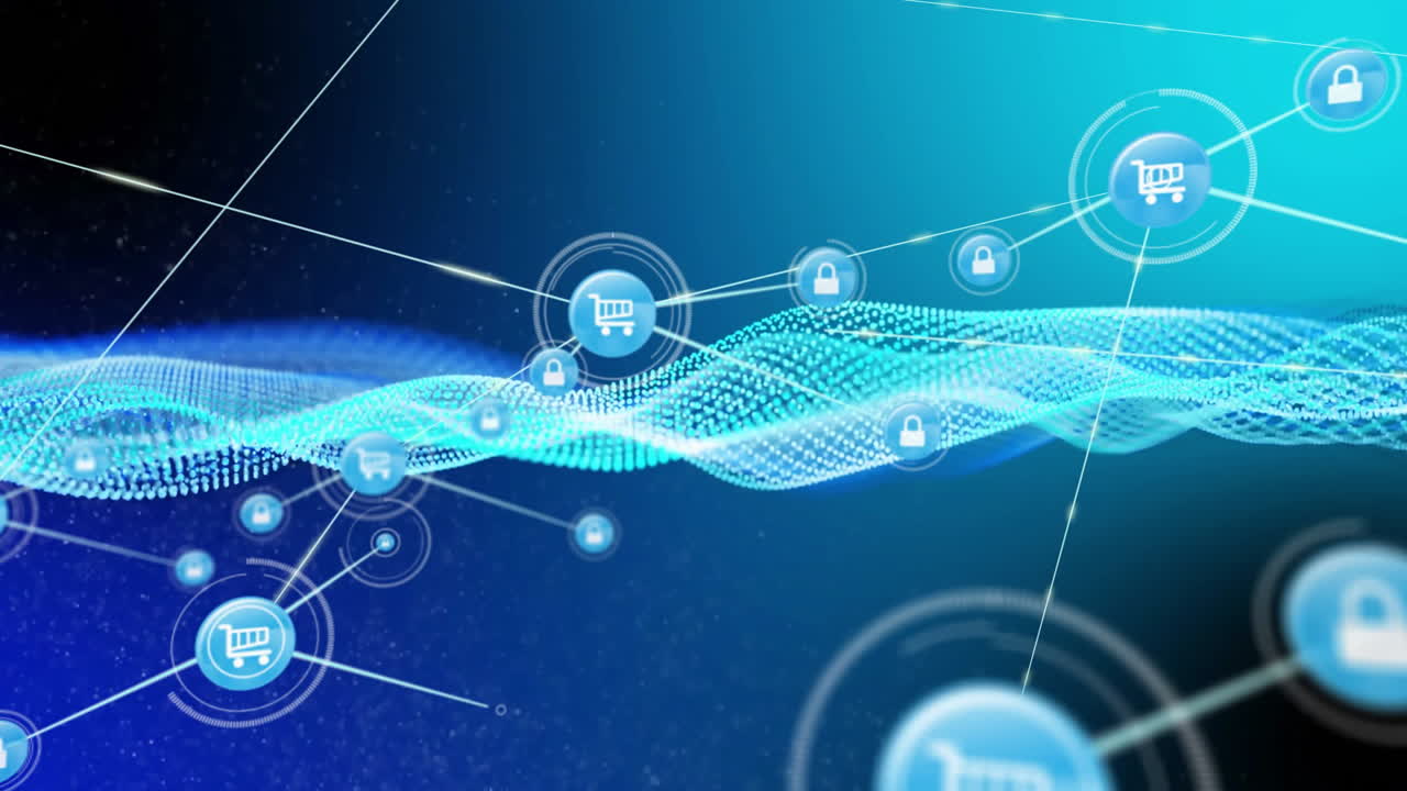 carrito de compras digital y iconos de bloqueo sobre animación de onda de datos