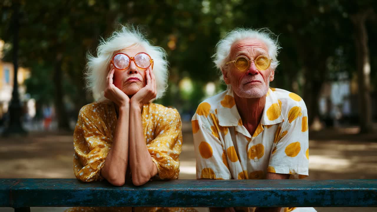 Een intiem moment van reflectie: twee oudere personen in kleurrijke kledij zitten samen op een bank, waarbij de essentie van gezelschap en nostalgie wordt vastgelegd in een weelderige buitenomgeving