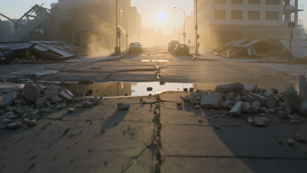 Telecamera che avanza filmando una strada crepata, con il sole basso che inizia il movimento in una pozzanghera urbana danneggiata e riflettente.
