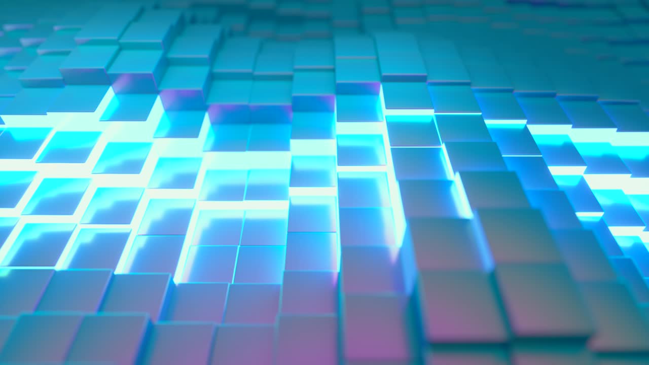 fondo de tecnología abstracta para presentaciones de negocios. cubos que se mueven al azar. brillo de neón brillante en el medio. bucle sin costuras 3d render