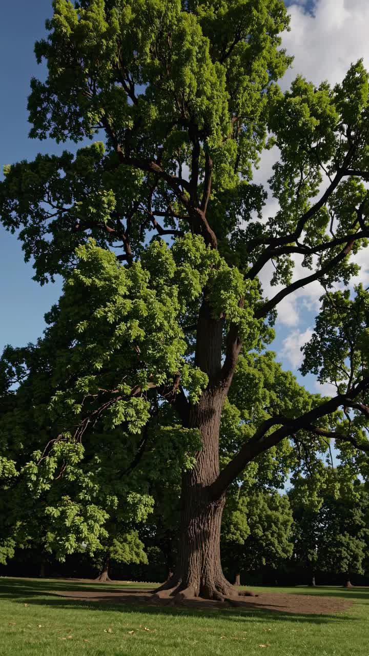 A majestic tree shot from a low angle, emphasizing its height against a blue sky