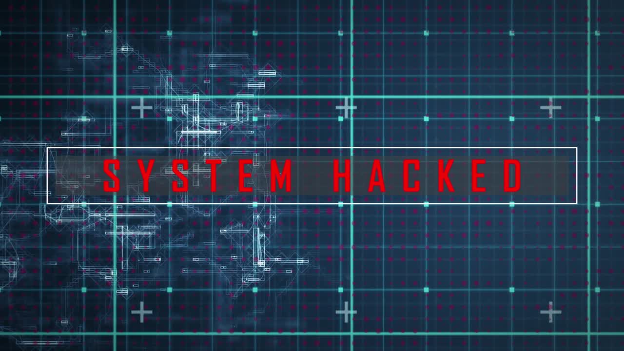 Animation of system hacked text over data processing on black background
