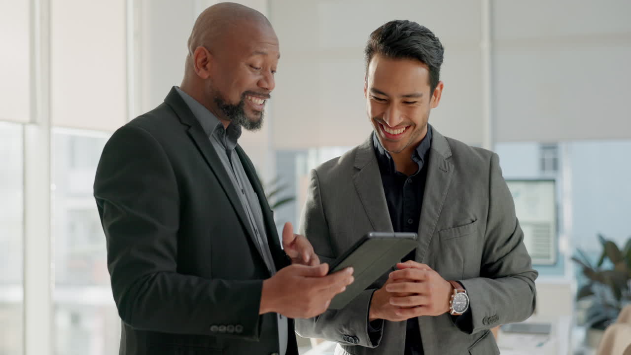 Talking, tablet and happy business people